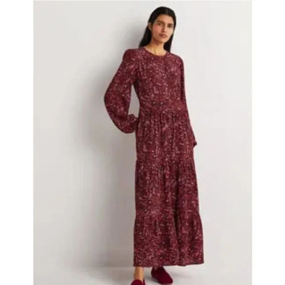 Boden Womens Maxi Dress UK 10P US 6P Red Long Sleeve Tiered Pleated D0403 NWT